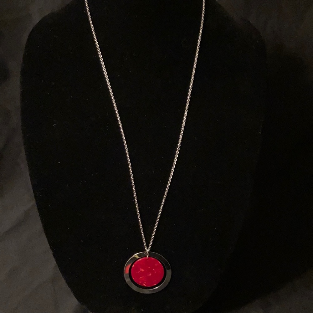 Silver Tone Necklace / Red Pendant